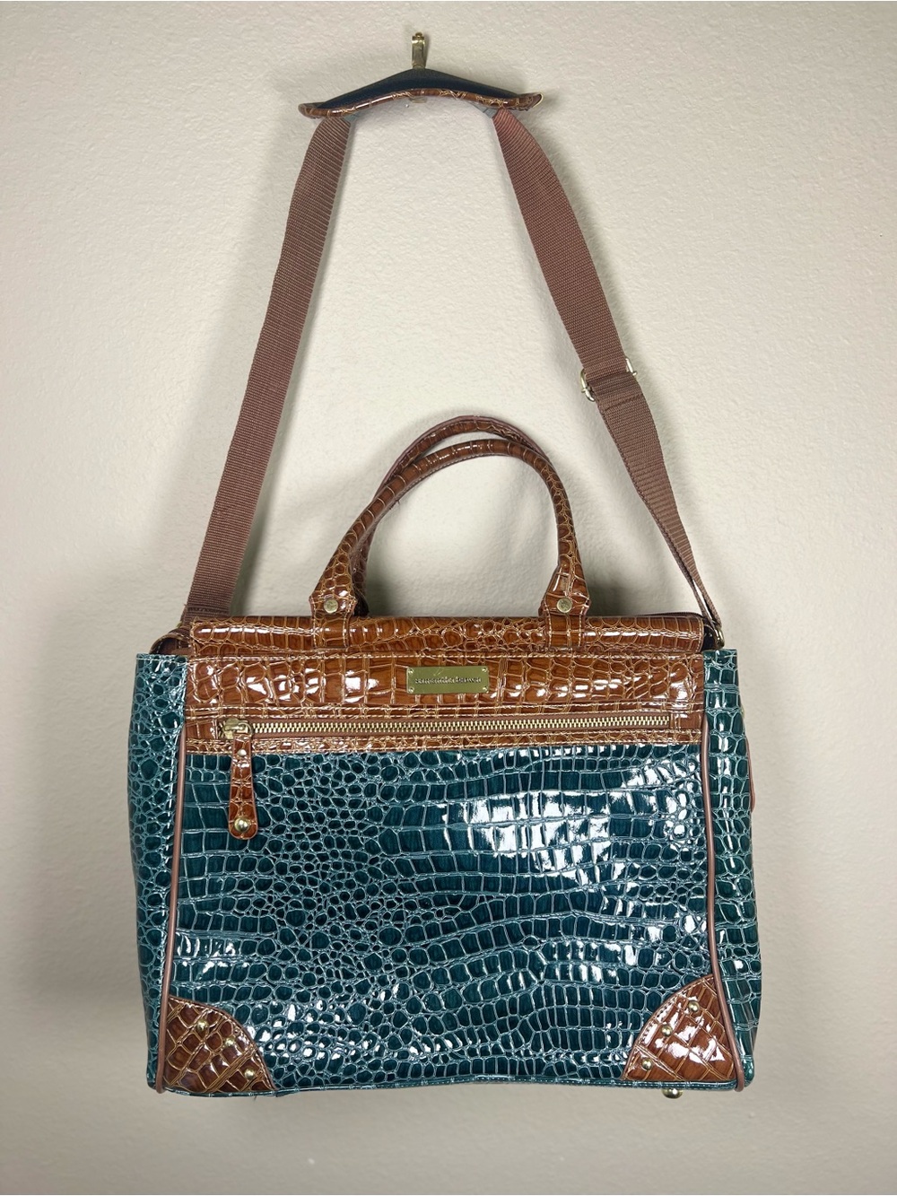 Samantha Brown Croc Embossed Dowel Travel Bag Weekender Teal Brown + Long Strap